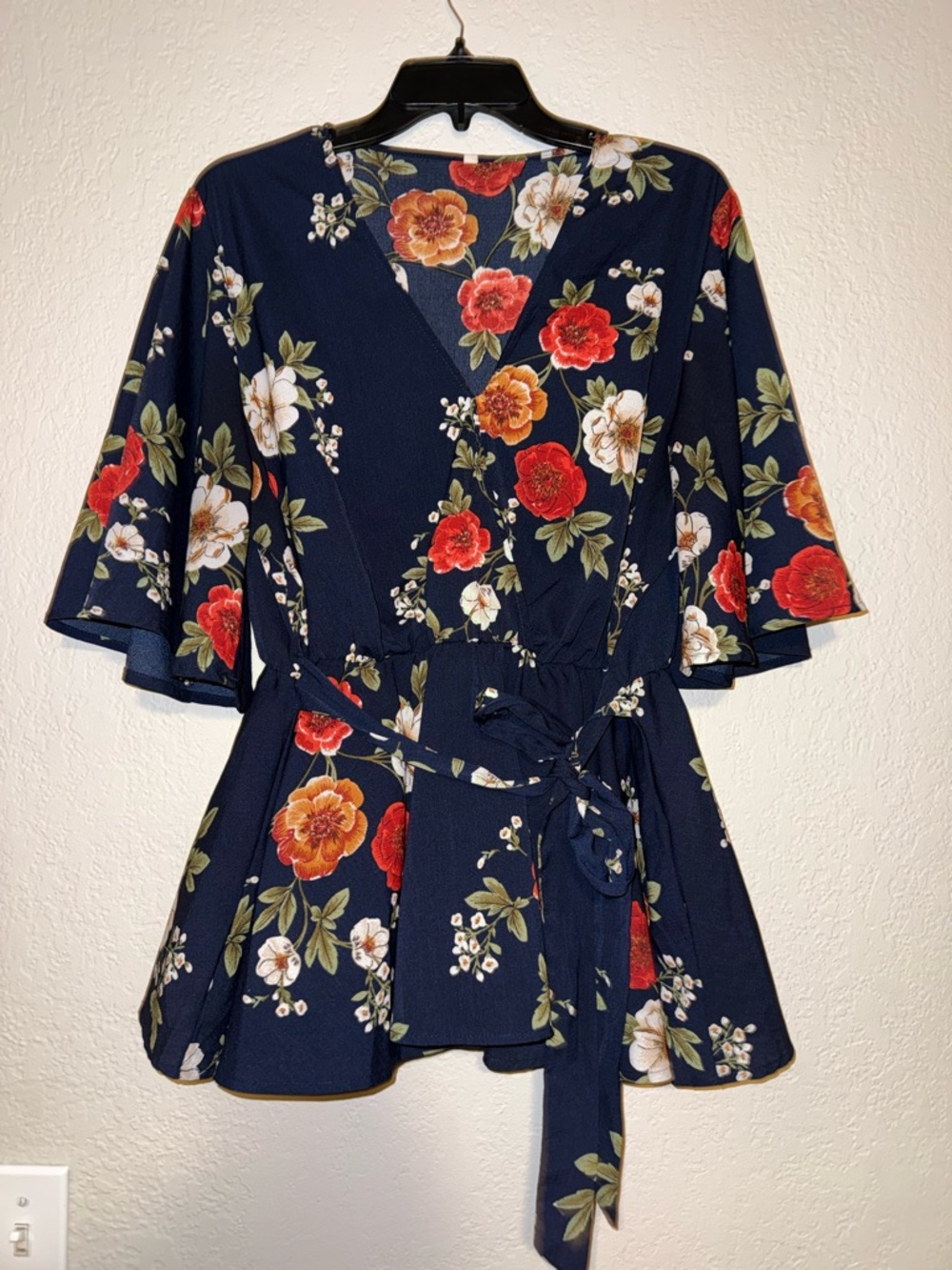 Floral Wrap Peplum Womens Tie Waist Blouse Shirt Navy Red Cream Flowers 2XL
